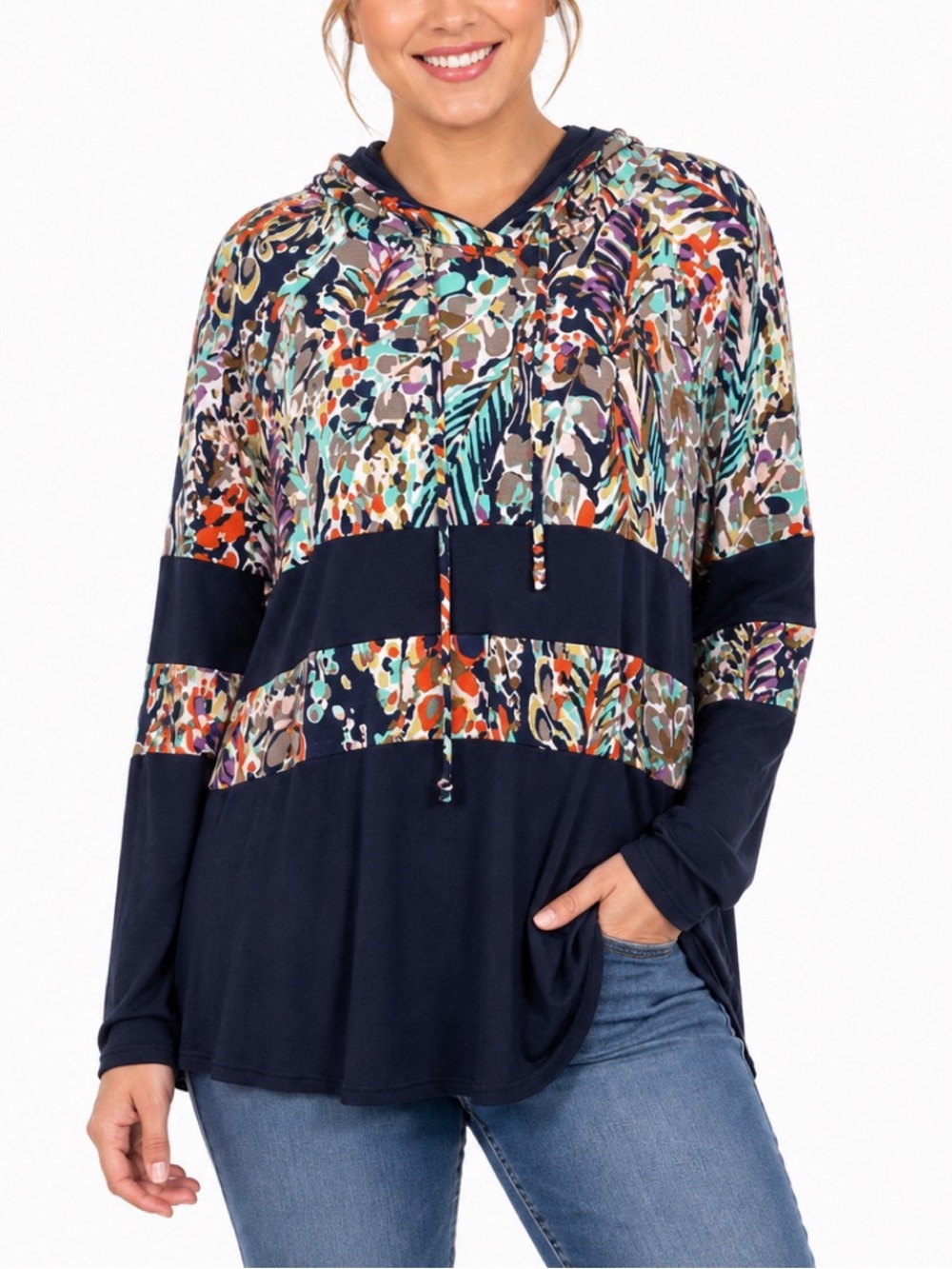 Sew in Love women's long-sleeve hooded top with a multi-colored floral print